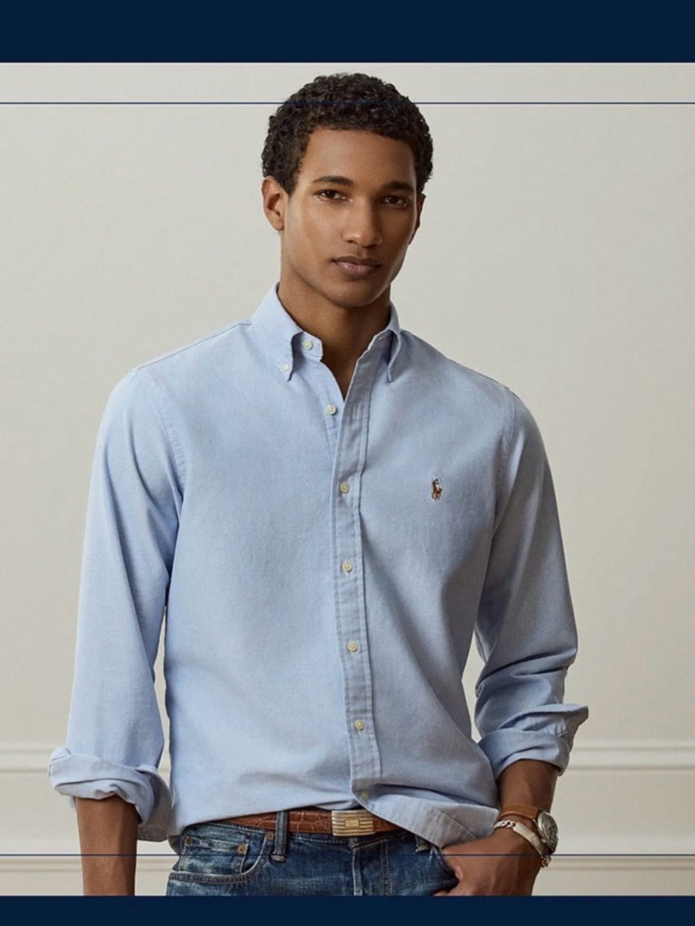Ralph Lauren Classic Fit Oxford Button-Down Shirt — Tan and Black Pony Logo (XL)